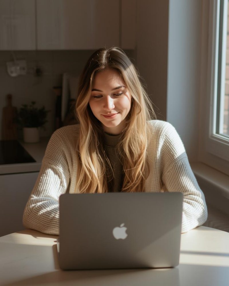 Frau sitzt am Macbook in der Küche am tisch